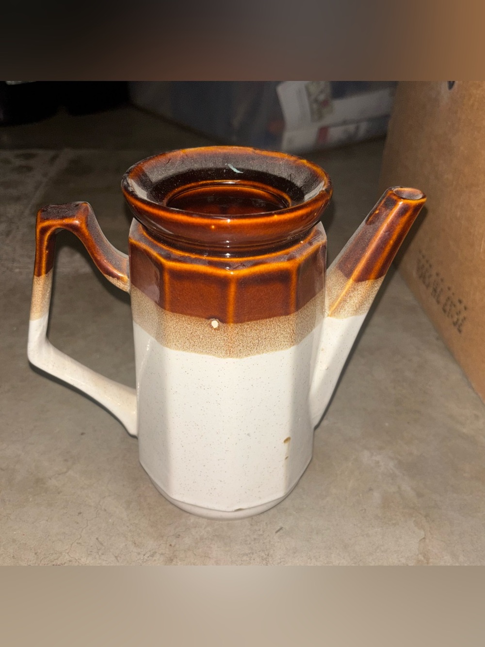 Vintage 1970s Brown and Beige Ceramic Coffee Kettle Pitcher